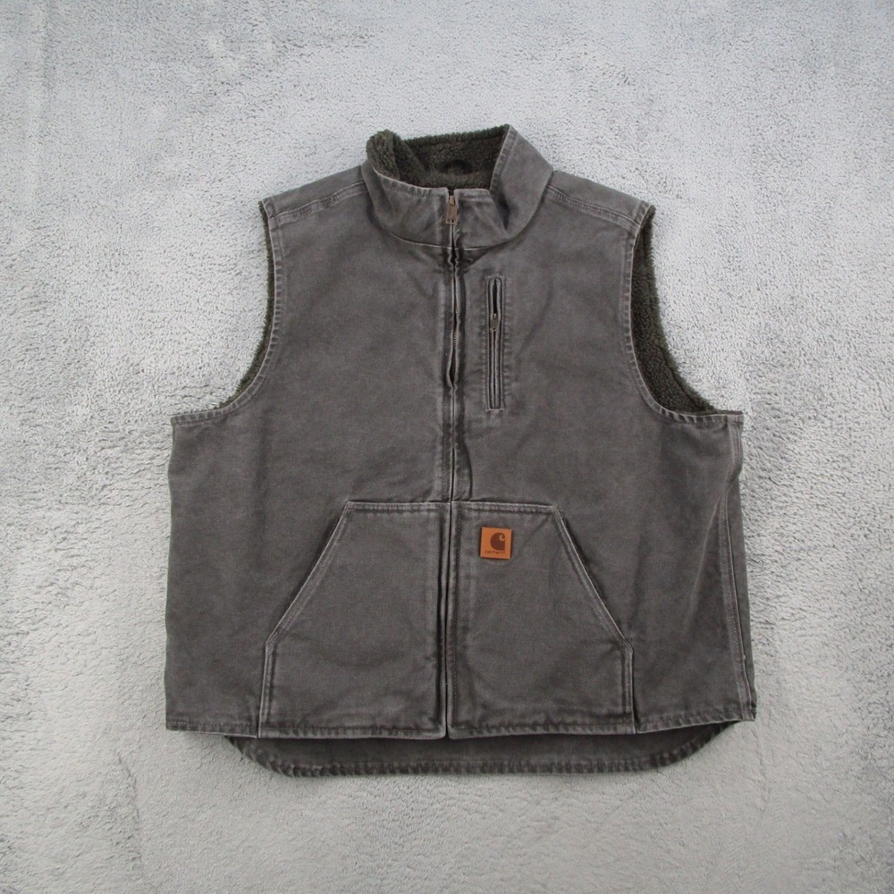 Carhartt Vest Mens XL Gravel Gray Sherpa Lined Sandstone Duck Mock Neck V33-GVL
